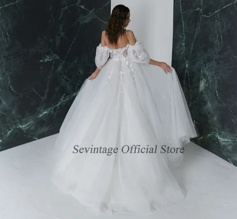 Sevintage High Side Split Wedding Dresses V-Neck Puffy Sleeve Ball Gown Brides Gown Lace Appliques 3D Flowers Princess Dress