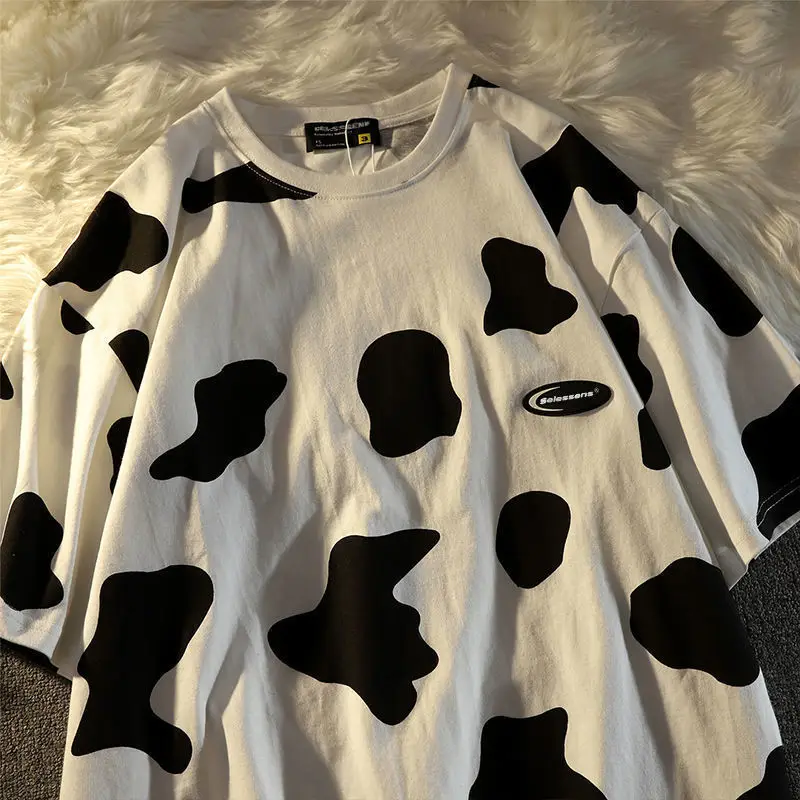 

Oversized Harajuku Casual Short-Sleeved t-Shirt Women Loose Cow Color Black And White Stitching Printing Ins Tide Top Women