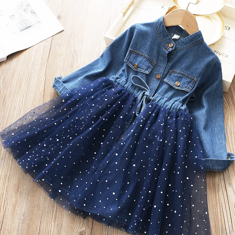 Детская весенняя одежда джинсовое Пышное Платье принцессы в горошек и стиле