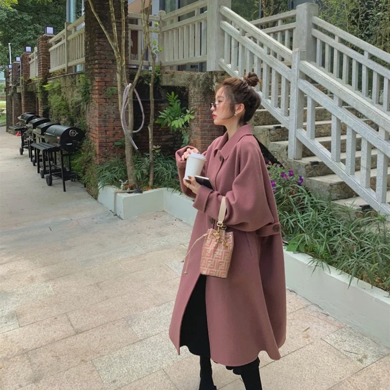 

Женское однобортное пальто SHZQ, свободное повседневное шерстяное пальто ручной работы в Корейском стиле из 2021-ной шерсти, большие размеры, з...