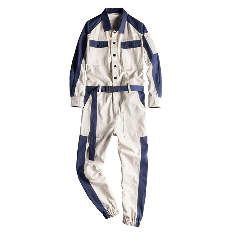 Sokotoo Men's contrast color beige joggers with belt jumpsuits Long sleeve patchwork overalls Coveralls