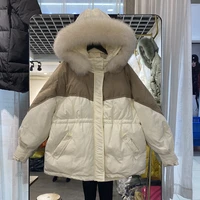 fitaylor winter jacket women large natural fox fur collar hooded parkas patchwork snow overcoat short warm loose coat