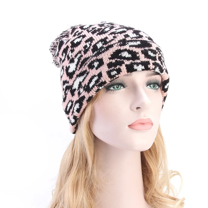 Женская Зимняя Вязаная Шапка бини винтажная с леопардовым узором жаккардовая