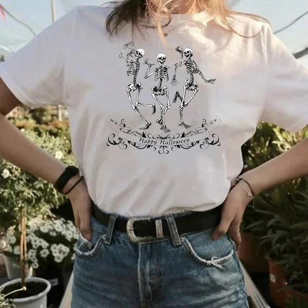 

HAHAYULE-JBH Skeleton Happy Halloween Printed Tee Gift t-shirt Harajuku Hipster Female Tee Dark Gothic Women Clothing Gift Tee