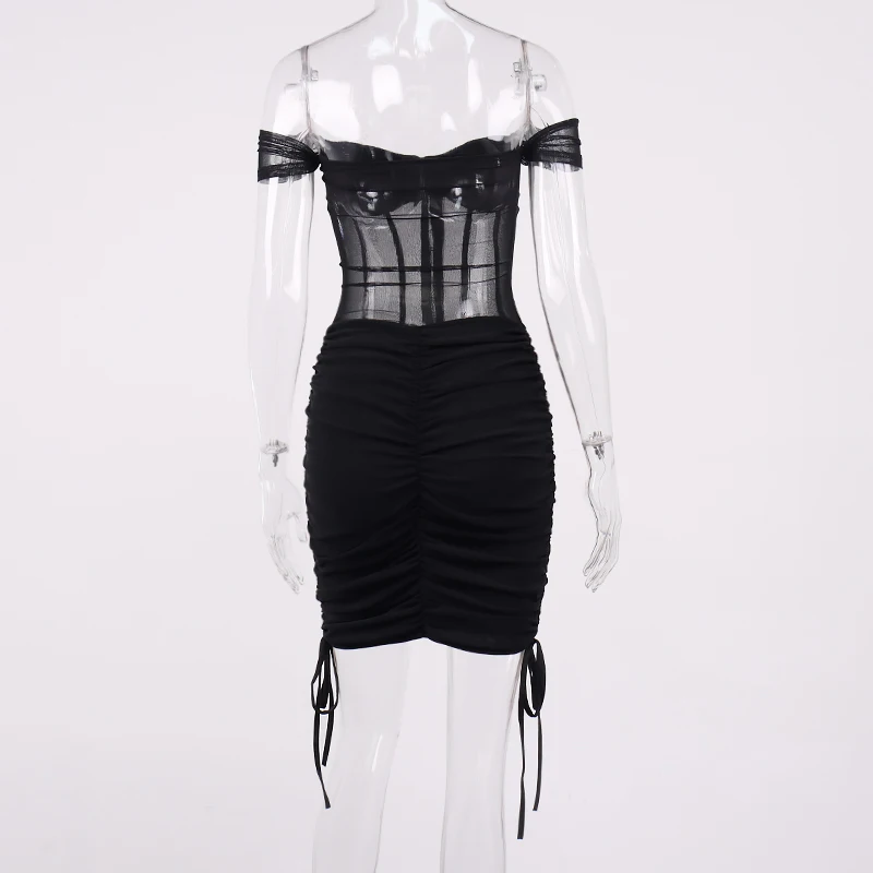 

Mini Black Dress See Through Off Shoulder Single Breasted Drawstring Padded 2 Layers Summer Dress Women Party Sexy Robe