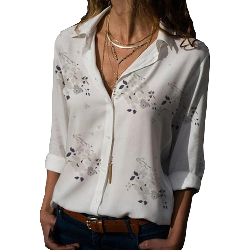 

Женская шифоновая блузка, с отложным воротником и длинным рукавом, с принтом, повседневная, 5XL, размера плюс