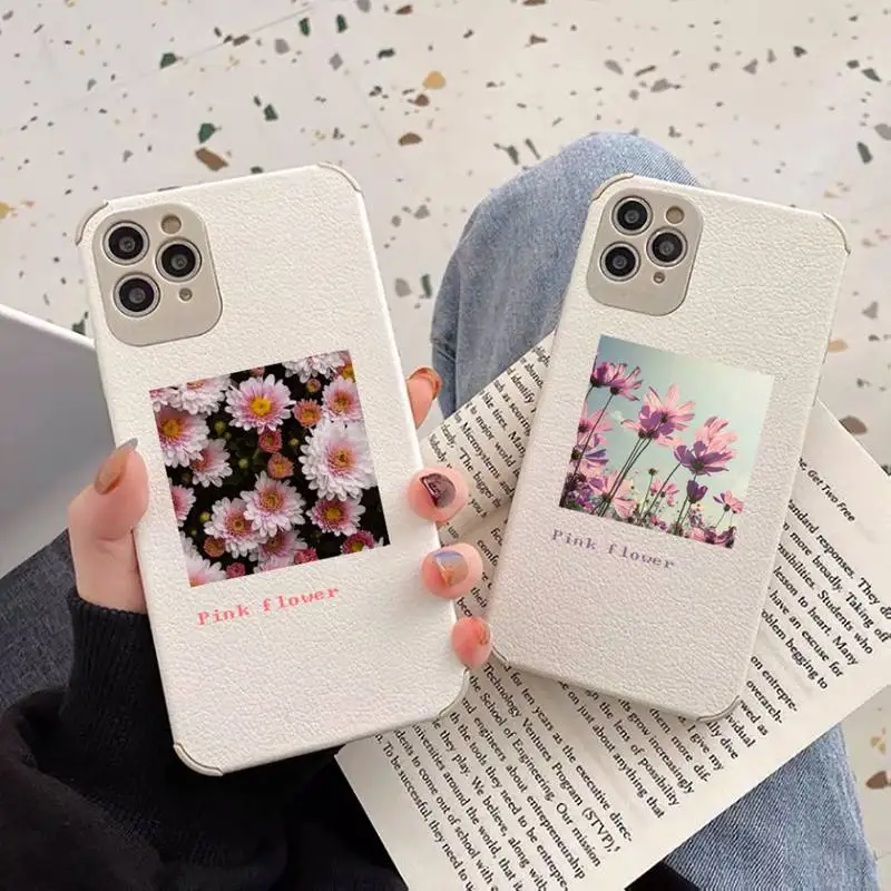 

Flower Summer Pink Phone Case Lambskin Leather For iphone 12 11 8 7 6 XR X XS PLUS MINI PLUS PRO MAX Shockproof