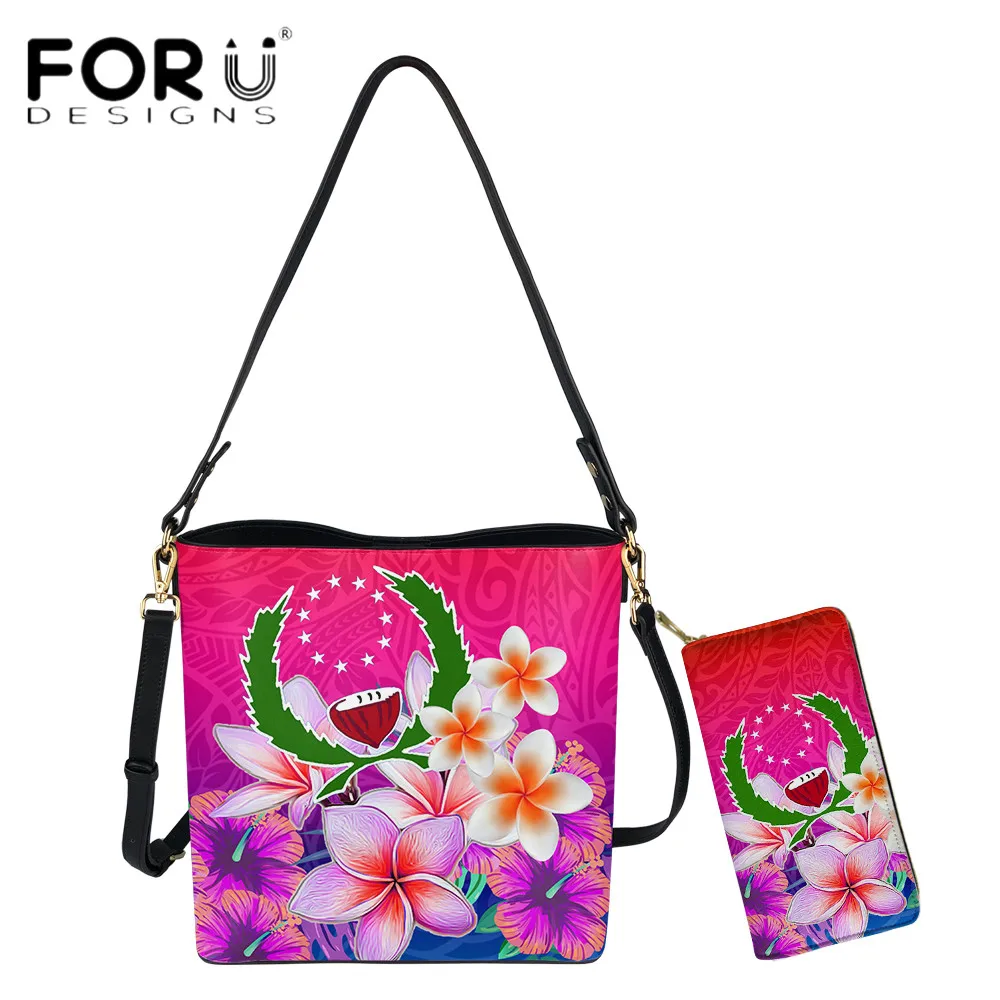 

FORUDESIGNS Female Luxury PU Leather Messenger Bag And Wallets Hawaii Flower With Pohnpei Tribal 3D Print Fashion Shoulder Bolso
