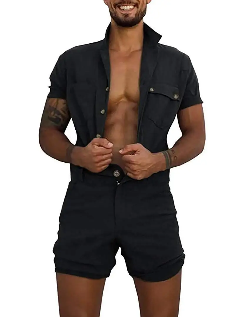 

2021 Summer Hot Style Men's One-Piece Woven Casual Short Sleeve Suit Button Access Control Fashion Personality Slim One-piece