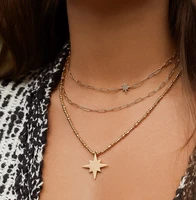 2022 new european women jewelry double layer cz star starburst choker big open link chain women necklace