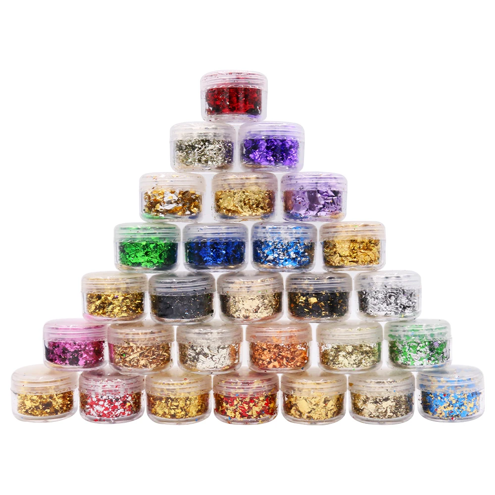 

28 Colors Imitation Gold Foil Flakes for Nail Decoration Painting Gliding Art Craft Colorful Alloy Foil Fragments 2x2.9cm/bottle