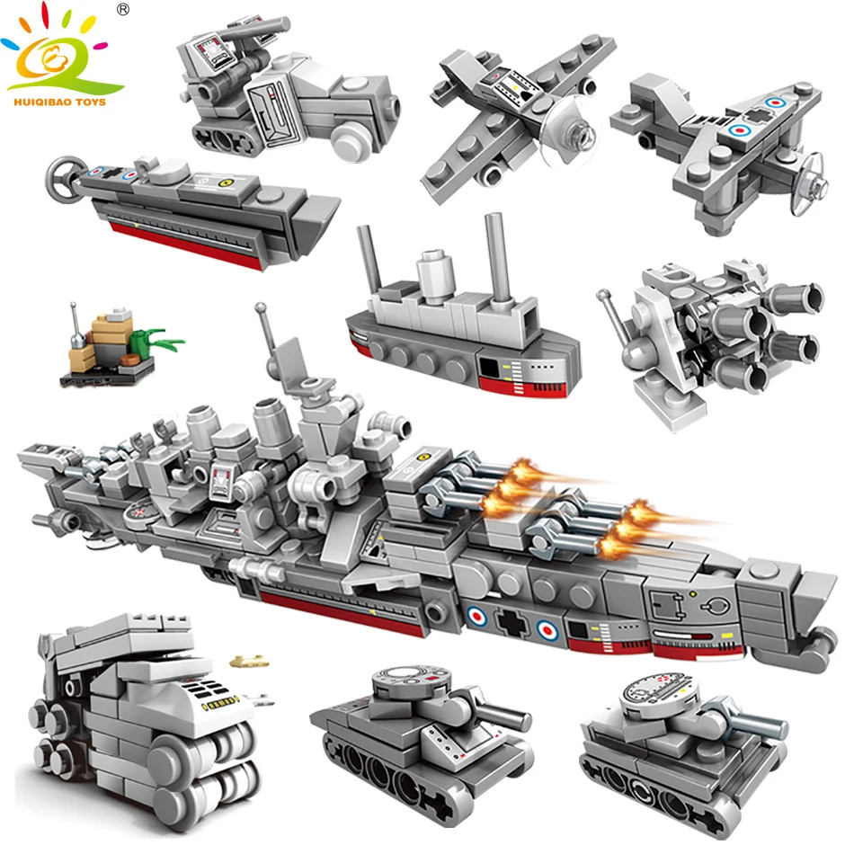 Игрушки HUIQIBAO 240 шт. 10в1 Военный мини-корабль темно-синего цвета строительные блоки