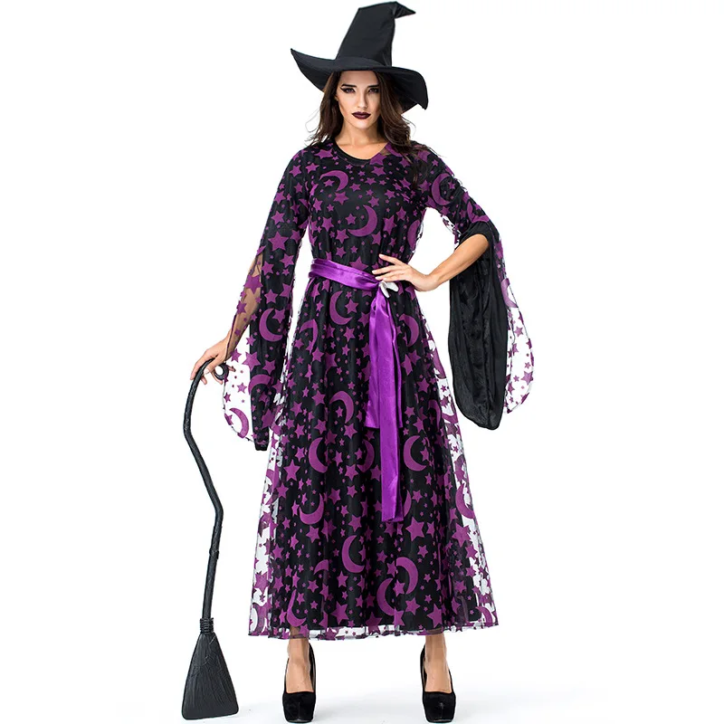 Purim Halloween Costume  woman Girls Purple Star Moon Magic Witch Israel Night Dressup Party Party Witch Game Uniform