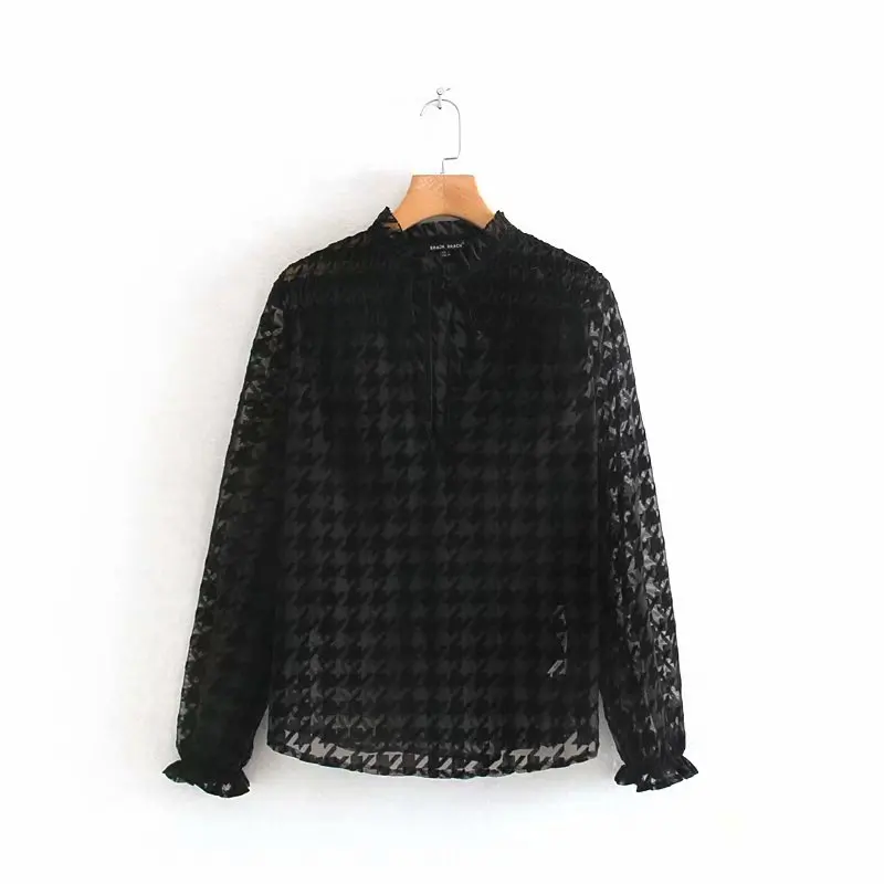 

women sexy deep v neck houndstooth pattern casual mesh blouses shirts women long sleeve ruffles lace up smock blusas LS4299