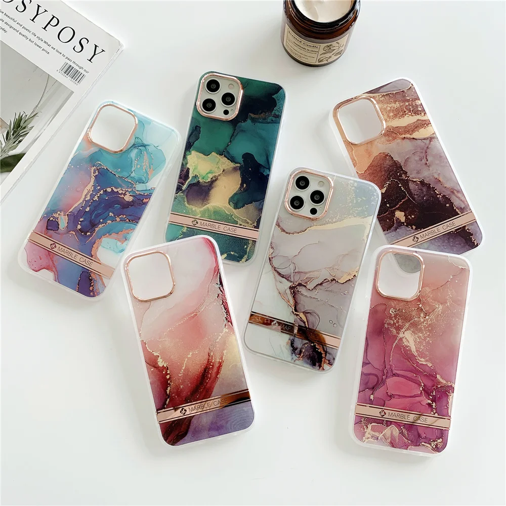 

Marbling Electroplate Soft Silicone Phone Case For iPhone 11 Pro Max 12 Pro Max MINI 8 7Plus Xr XsMax X Xs Anti Falling Shell