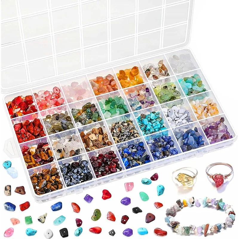 

Making Crystal Beads, 28-Color Crystal Chips and Gemstone Beads,with Plastic Box, Used for Jewelry Ring,Making Supplies