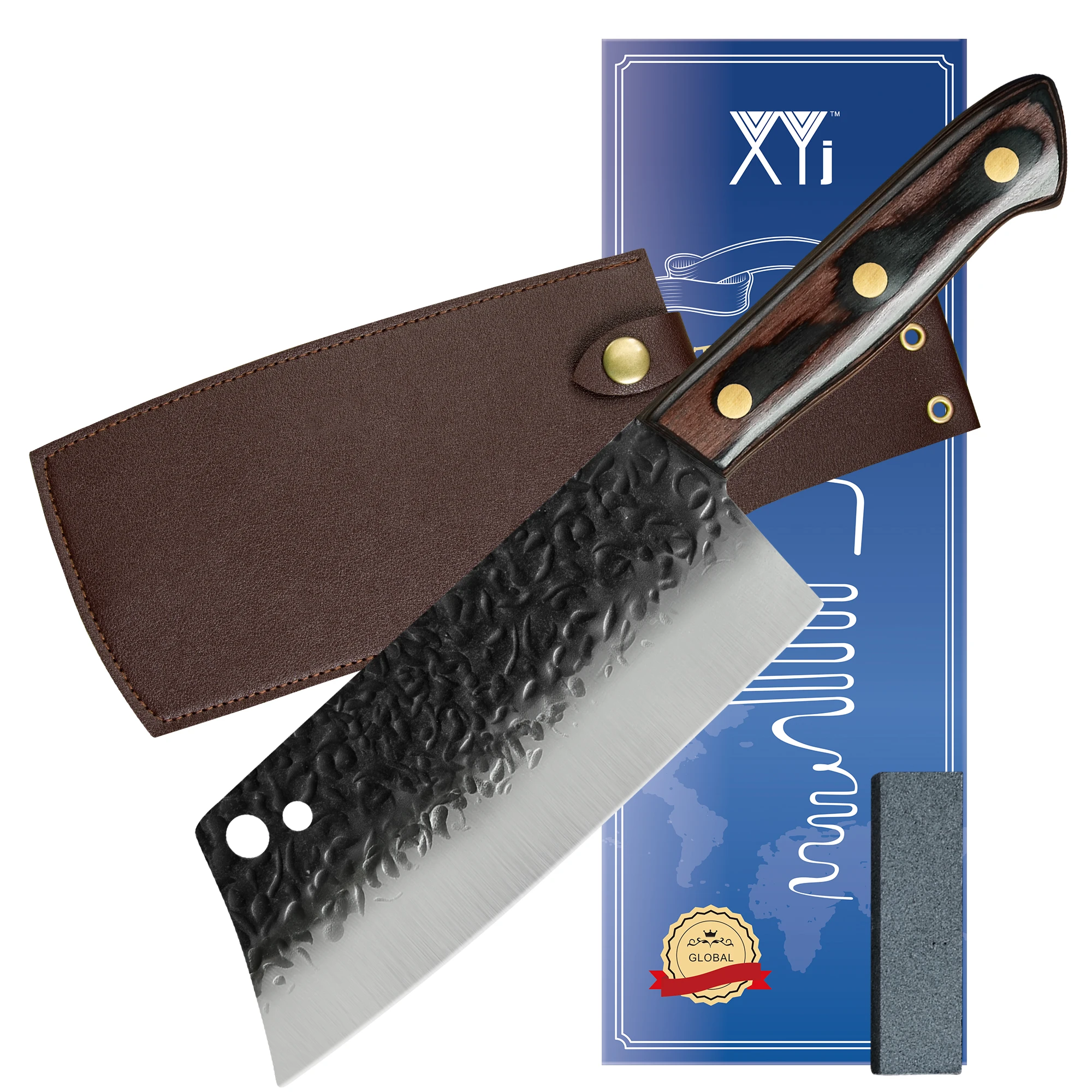 

XYJ Full Tang 7,5 дюймовый нож для мясного мяса с кожаным футляром и мини точильным камнем в подарочной коробке измельчитель для овощей из нержавею...
