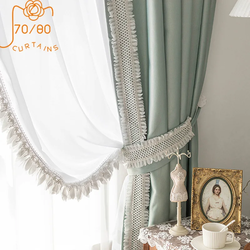 French Luxury Lace Stitching Satin High-precision Thickening Blackout Curtains for Living Room Bedroom Customization