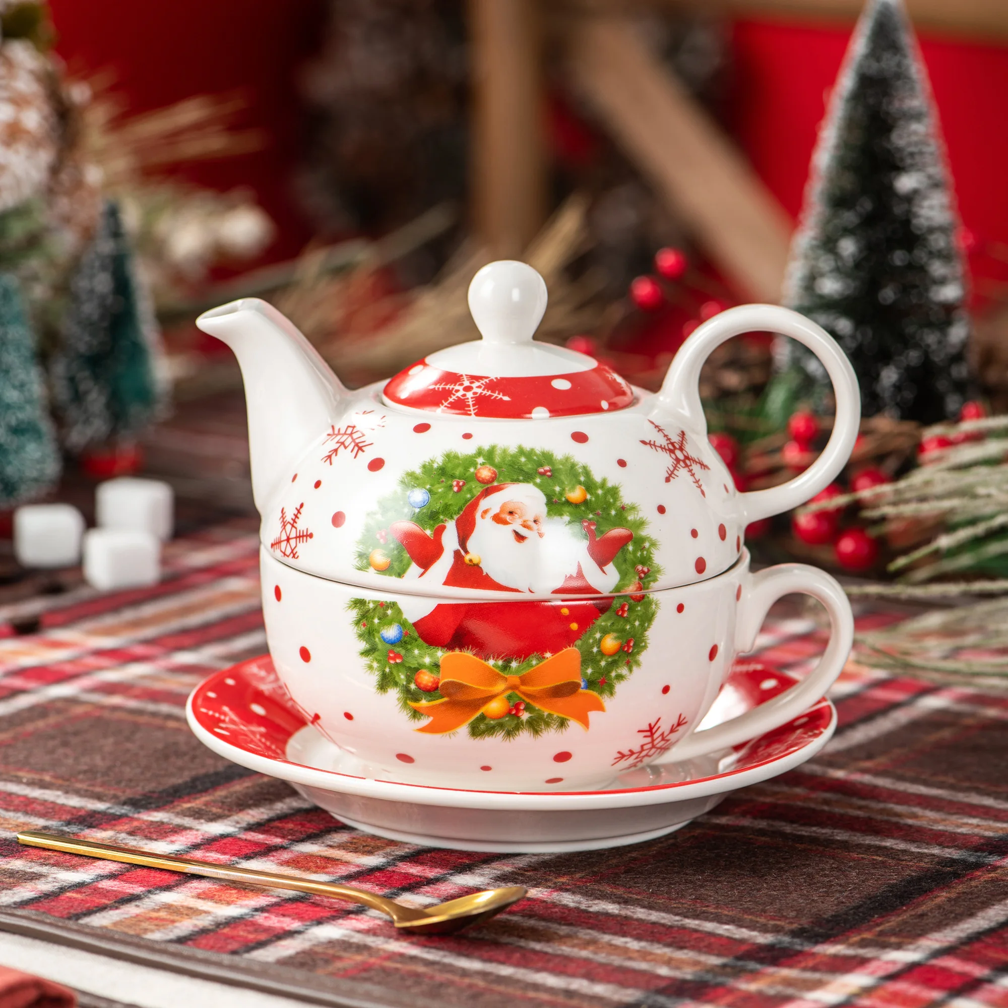 

VEWEET SANTACLAUS Christmas Pattern Porcelain Personal Tea Set for One,with Teapot Teacup and Saucer Service for Christmas Gift