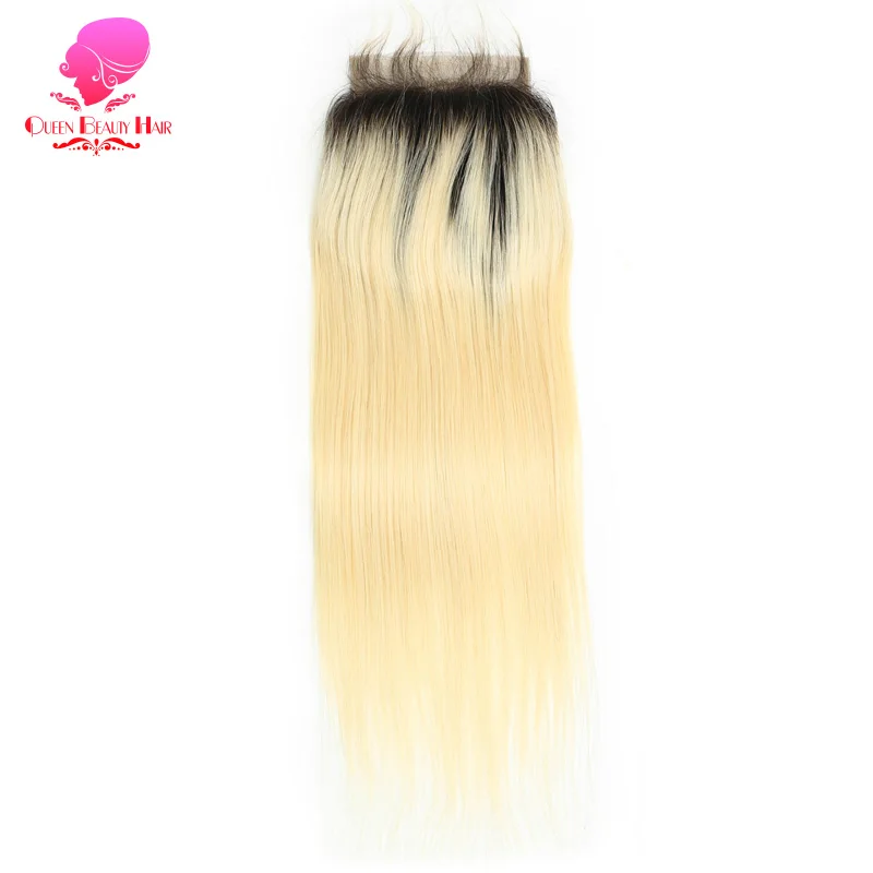 QUEEN 4x4 Lace Closure Ombre Blonde 1B 613 Platinum 8 - 22 Inch Remy Human Brazilian Straight Swiss With Baby Hair | Шиньоны и парики