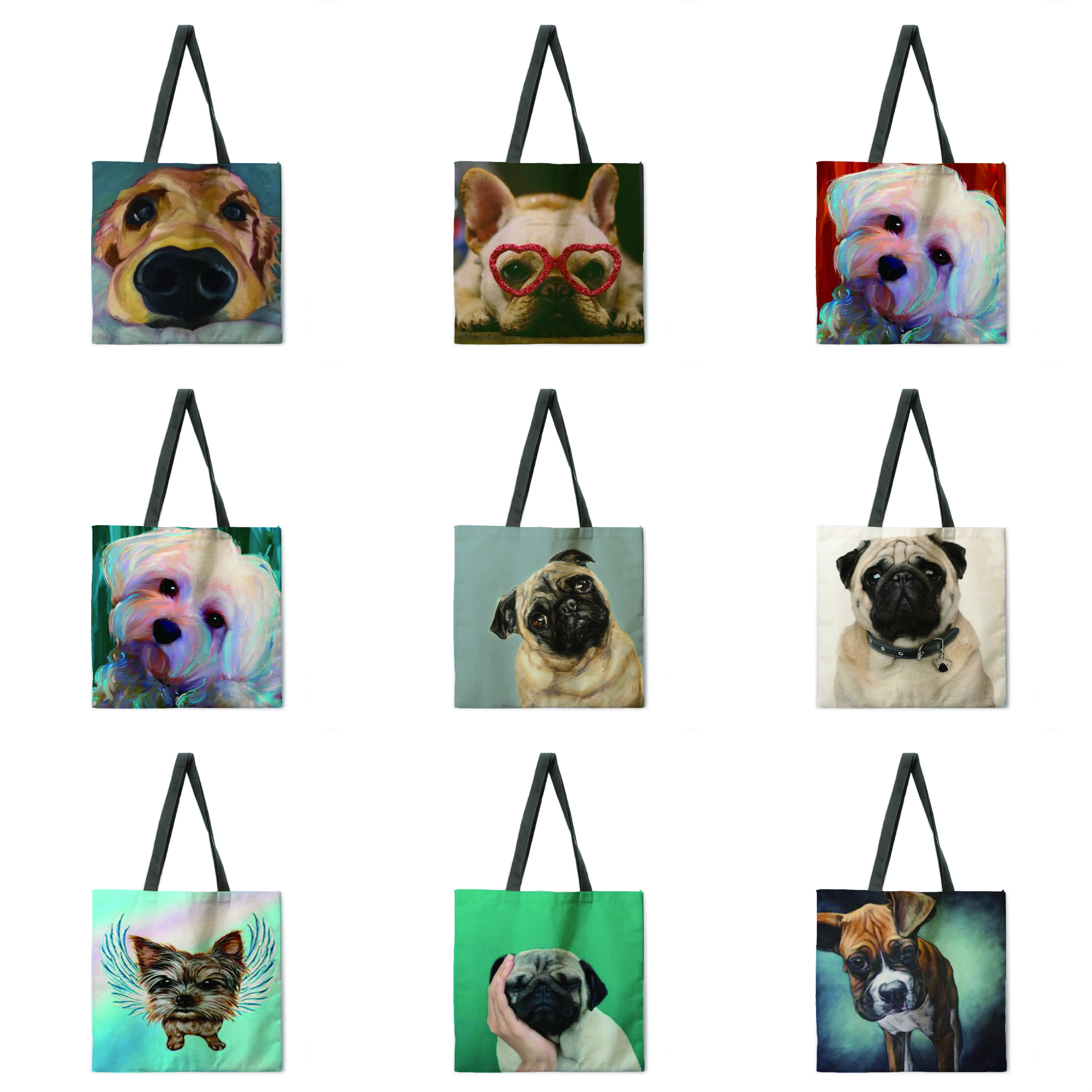 Folding shopping bag oil painting dog lady shoulder bag female leisure handbag outdoor beach bag female tote bag