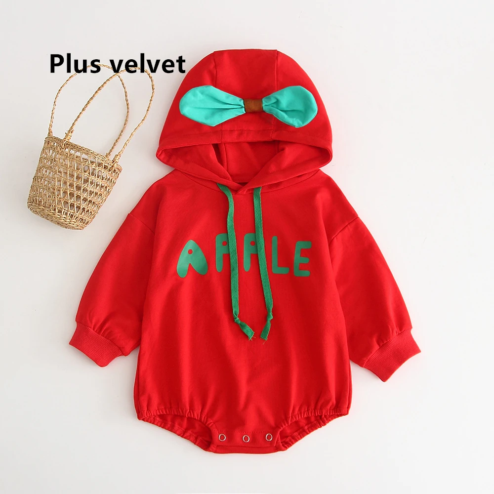 red plus velvet Осенний стильный Детский комбинезон с фруктами, милый персиковый комбинезон с капюшоном для альпинизма, одежда для близнецов - Цвет: red plus velvet