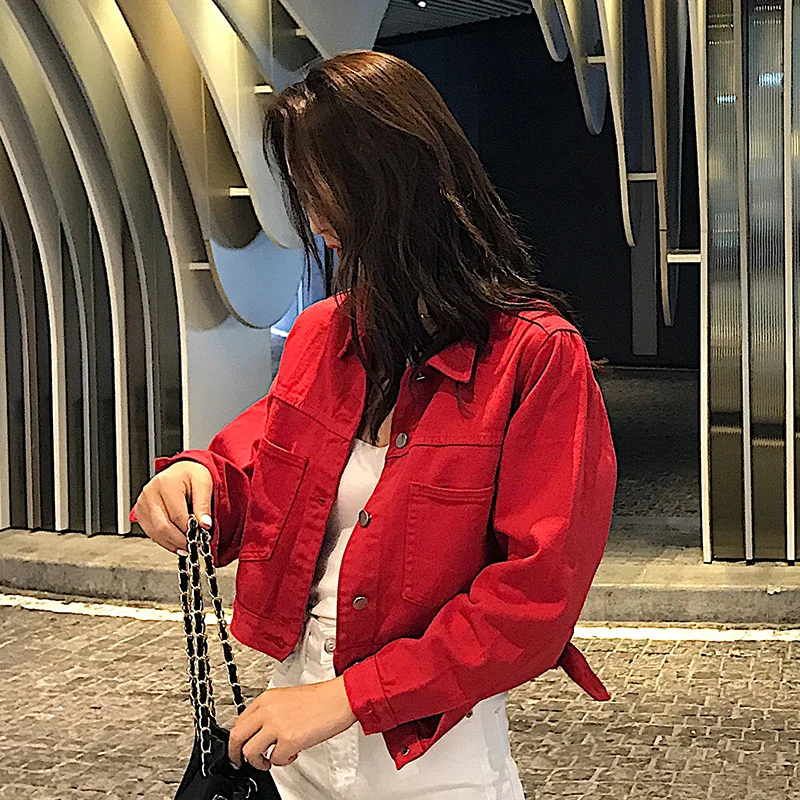 Красная Свободная джинсовая куртка для женщин в Корейском стиле бойфренд