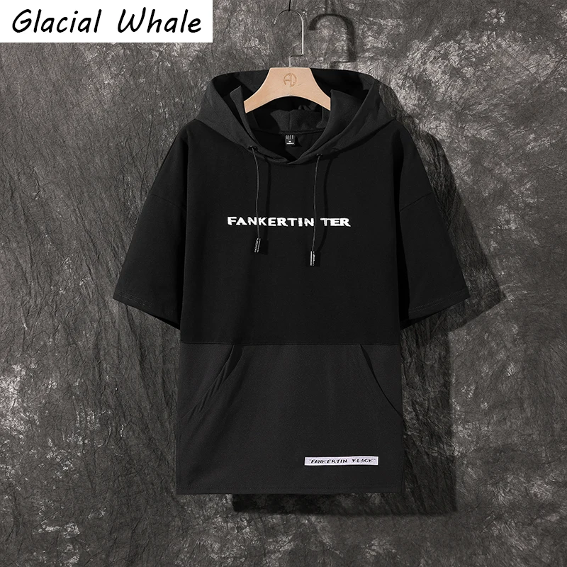 GlacialWhale Men's Hoodies Men Summer Black Patchwork Short Sleeves Sweatshirt Hip Hop Harajuku Japanese Streetwear Hoodie Men