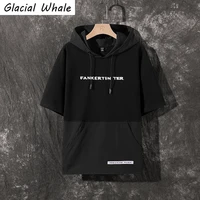 glacialwhale mens hoodies men summer black patchwork short sleeves sweatshirt hip hop harajuku japanese streetwear hoodie men