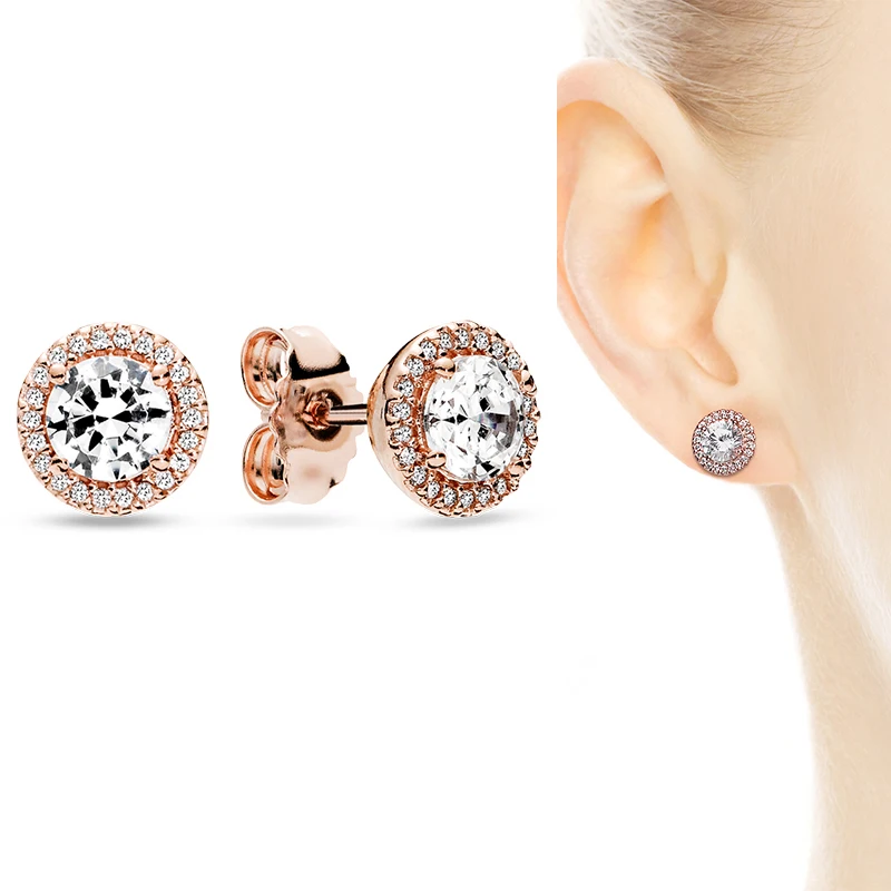 

925 Sterling Silver Pan Earring Elegant Rose Gold With Crystal Round Earrings For Women Wedding Gift Fashion Jewelry