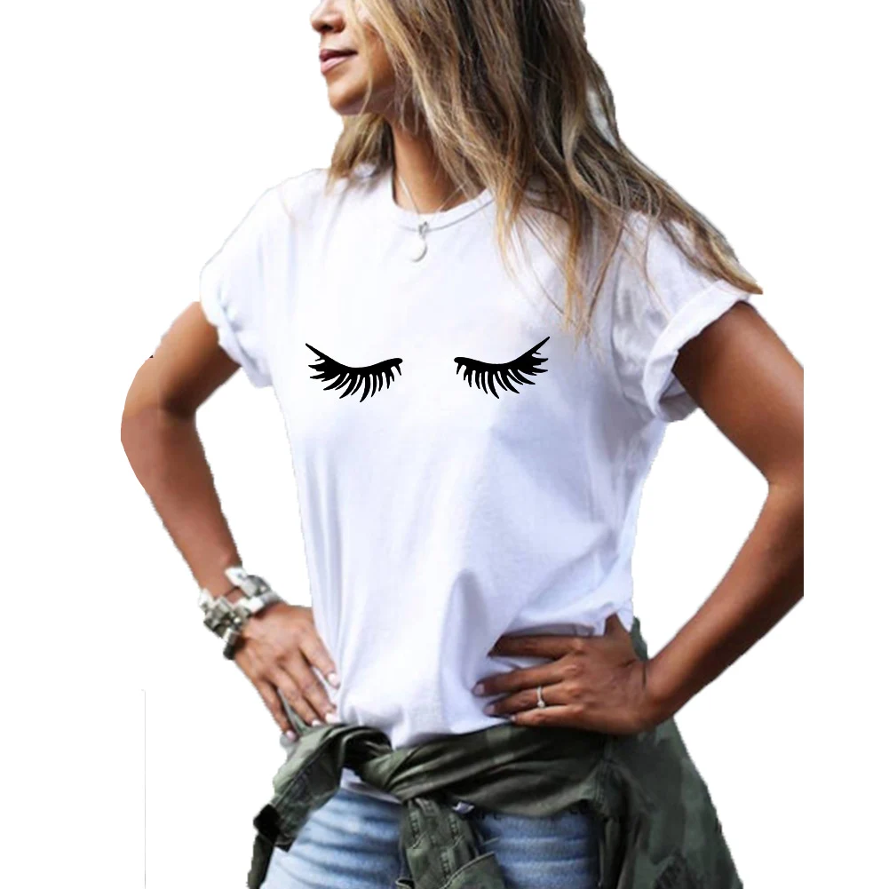 

Футболка женская с рисунком ресниц, хлопковая смешная рубашка с коротким рукавом, повседневный Топ черного и белого цвета, на лето