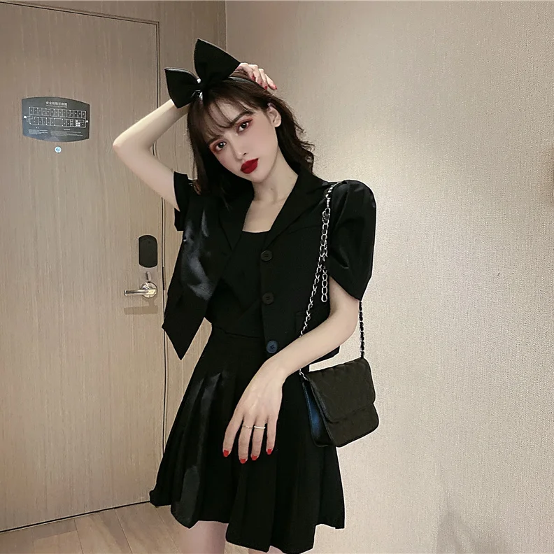 

2021 new Summer women Suit Long Sleeve Short Blazer Tops + Solid Color Sling Slim A-line Dress Female Fashion Two-piece Suit Q33