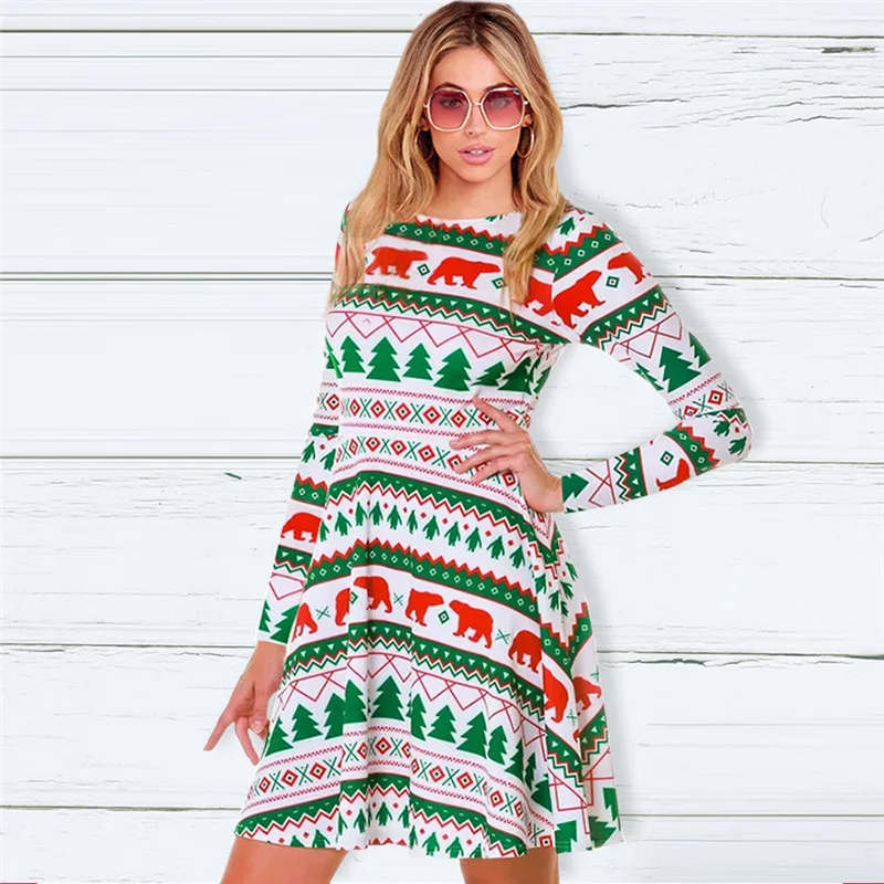

2021 New Fashion Print Vintage Dress Women Christmas Clothing Full Sleeve Casual Autumn Winter Party Dress for Women
