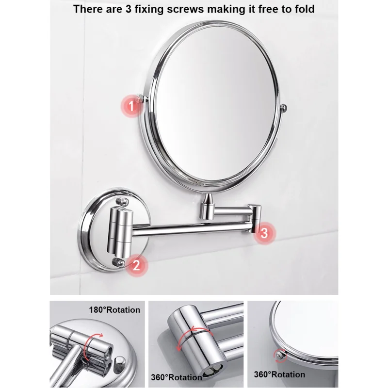 

8" Folding Makeup Mirror 3X Magnification Wall Mounted Double Side Bathroom Vanity Mirror Bath Makeup 360 Angle Swivel Mirrors