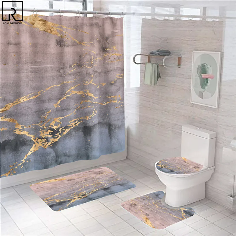 pink marble shower curtains shiny decor for bathroom polyester fabric decorative bath screen toilet cover carpet wc accessories free global shipping