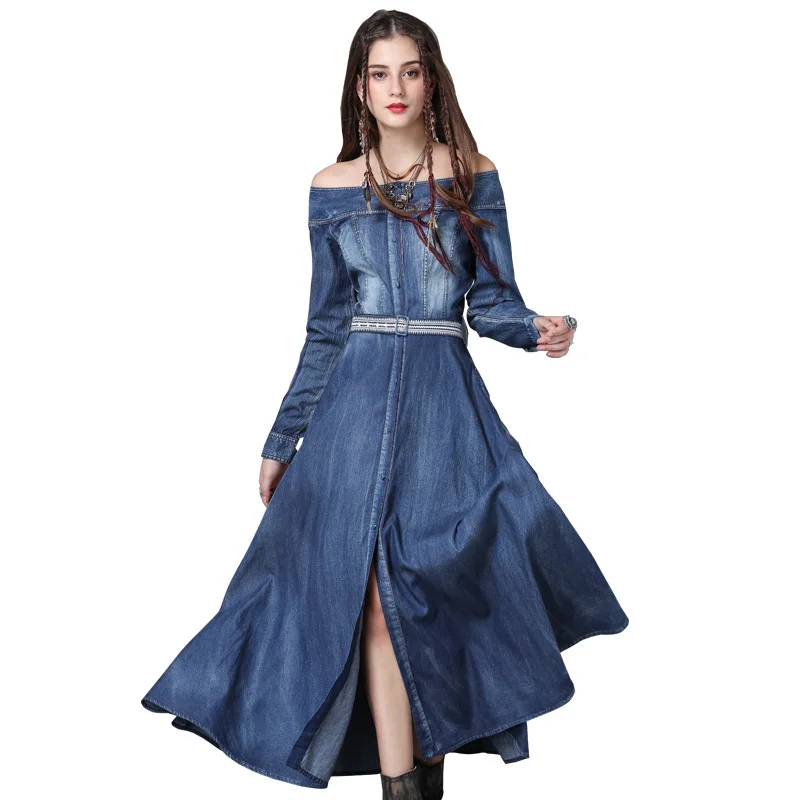 

Women's Slash Neck Long Sleeve Denim Dress Vintage Blue Slim High Waist Long Dresses