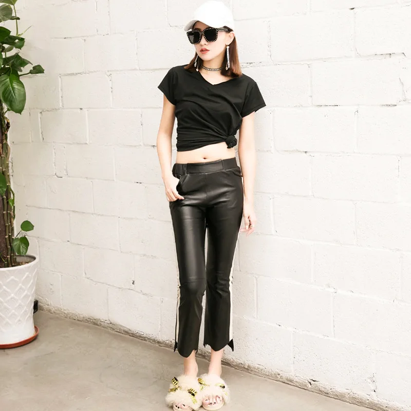 Женские летние брюки из натуральной кожи новинка 2020 модные обтягивающие с