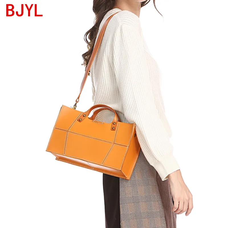 

Light Retro Leather Women Handbag Personality Handmade Female Small Tote Bag Cowhide Geometric Stitching Removable Daughter Bags