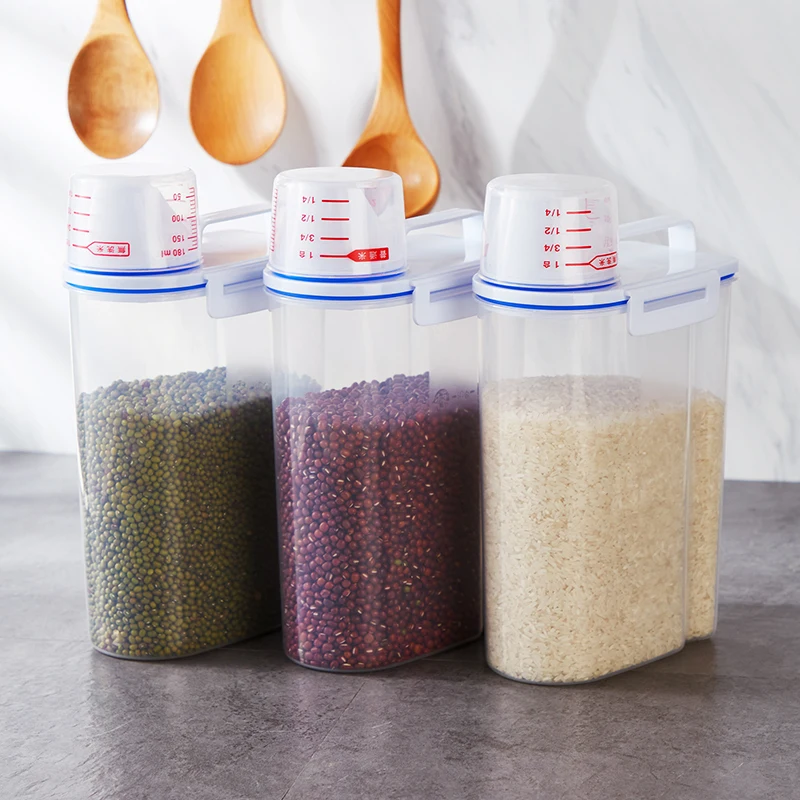 

PP Food Storage Box Plastic Clear Container Set with Pour Lids Kitchen Storage Bottles Jars Dried Grains Tank With Measuring Cup