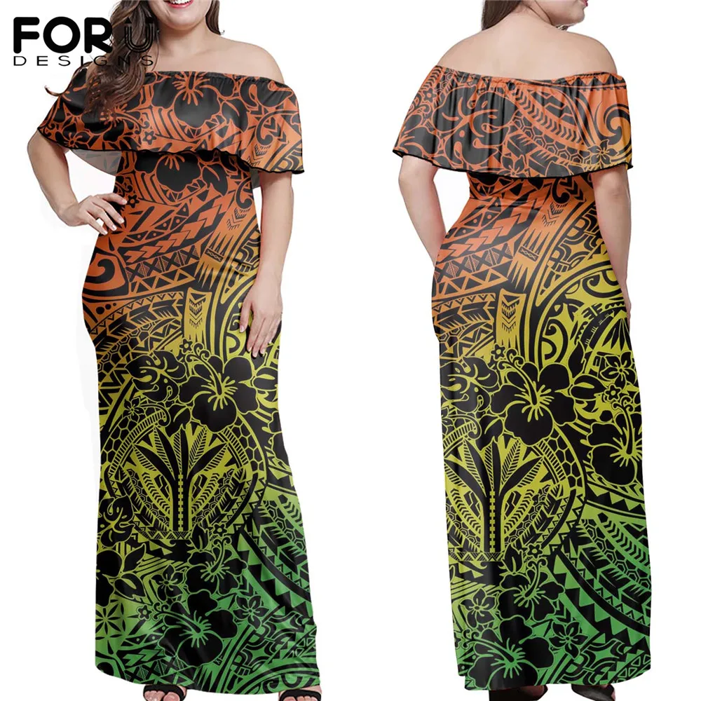 

FORUDESIGNS, женское винтажное платье с рюшами и открытыми плечами, полинезийское и гибискусное дизайнерское женское Повседневное платье макси, ...