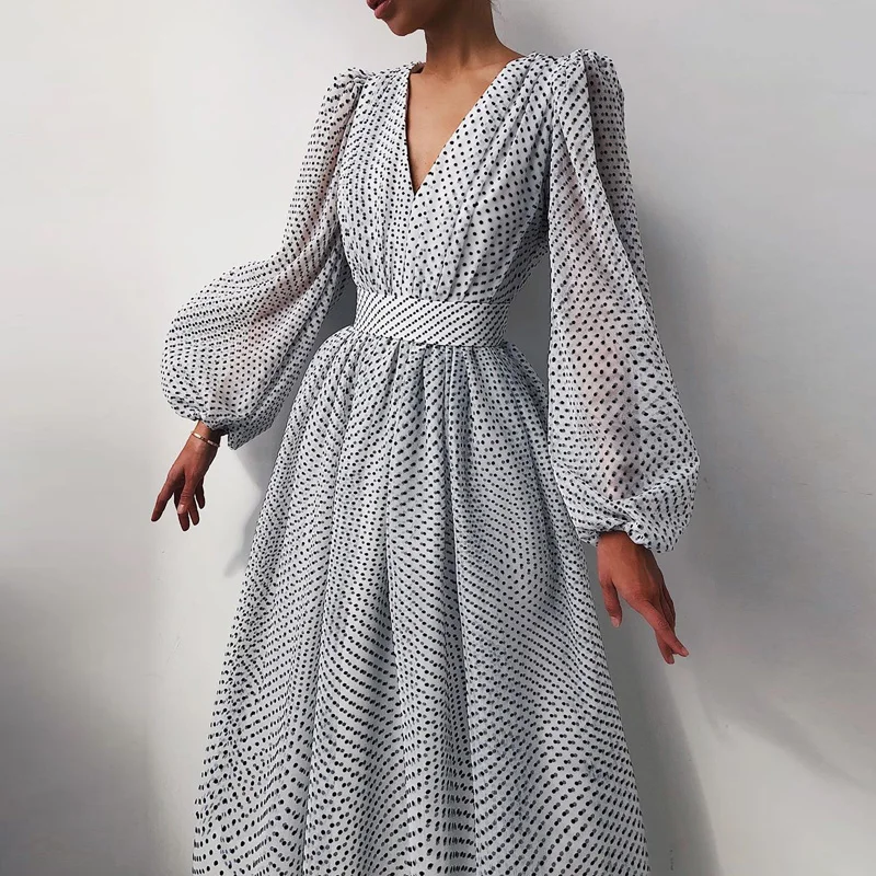 

Elegant Retro Polka Dot Long Party Dress 2021 Spring Deep V-Neck Loose Mesh Dress Women Autumn Sexy Puff Long Sleeve Lady Dress