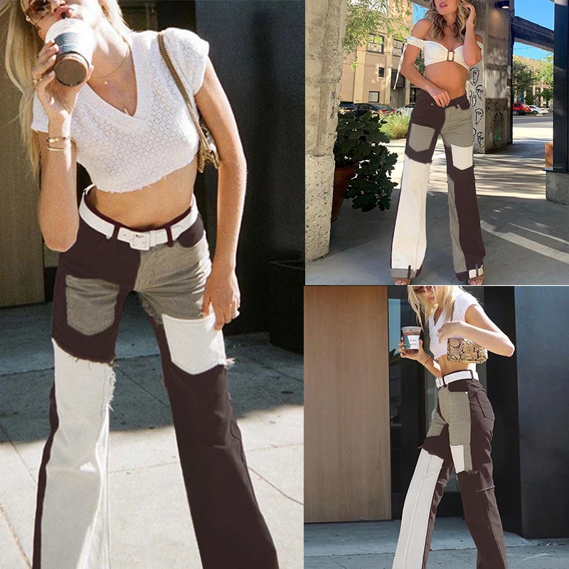 

Women's Fashion Casual Color Stitching Straight Jeans Brown