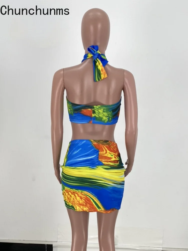 

Sexy Women Dress Suits Printed Halter Chest Wrap And Lace-Up Hollow Out Mini Skirt 2 Piece Set Summer Party Beachwear 2021