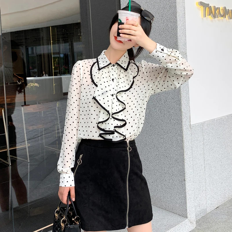 Blusas Mujer De Moda 2021 с длинным рукавом оборками в черный горошек для маленьких девочек