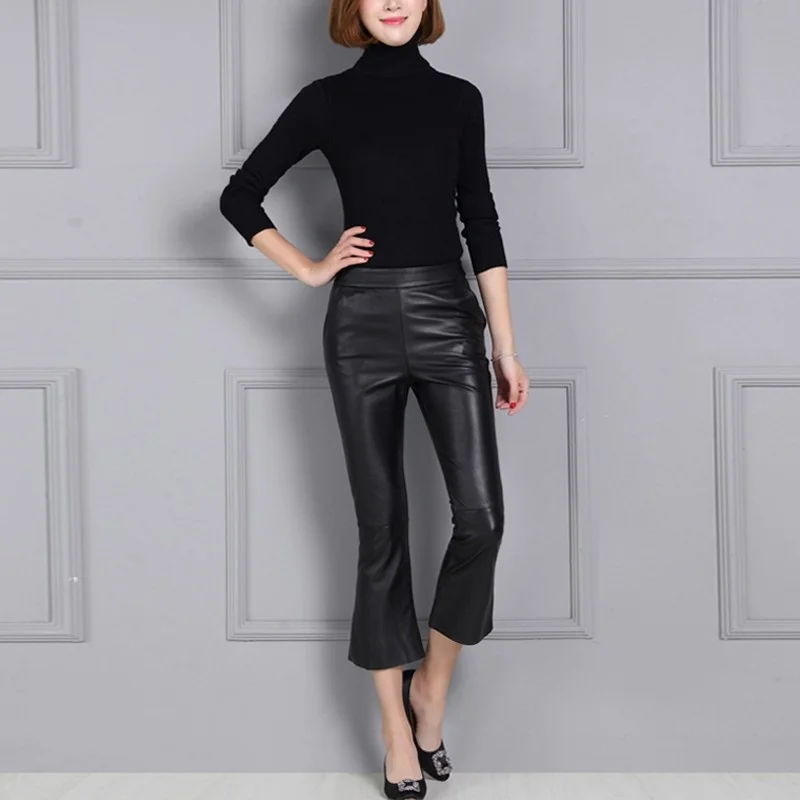 

High quality female leather flare pants ol'lambskin ankle length casual spring pants elastic waistband more size