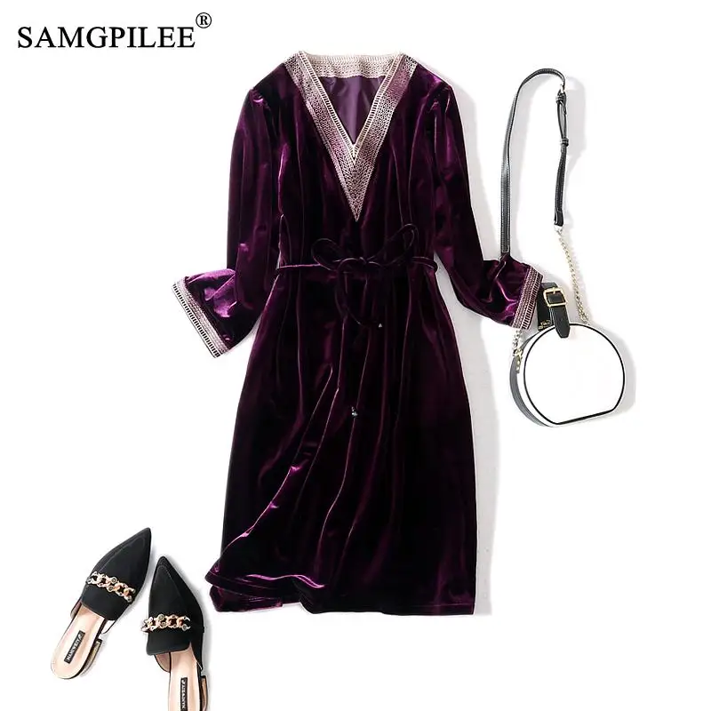 

2021 Women Winter Clothing Vestido Casual Dress A-line Patchwork Three Quarter Embroidery Empire V-neck Winter Dresses For Women