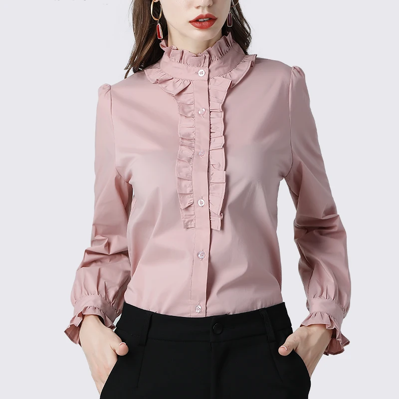 Pink Женская белая блузка с оборками и стоячим воротником, рубашка с длинным рукавом, свободная, размер S-4XL, элегантные офисные блузки, хлопковые топы - Цвет: Pink