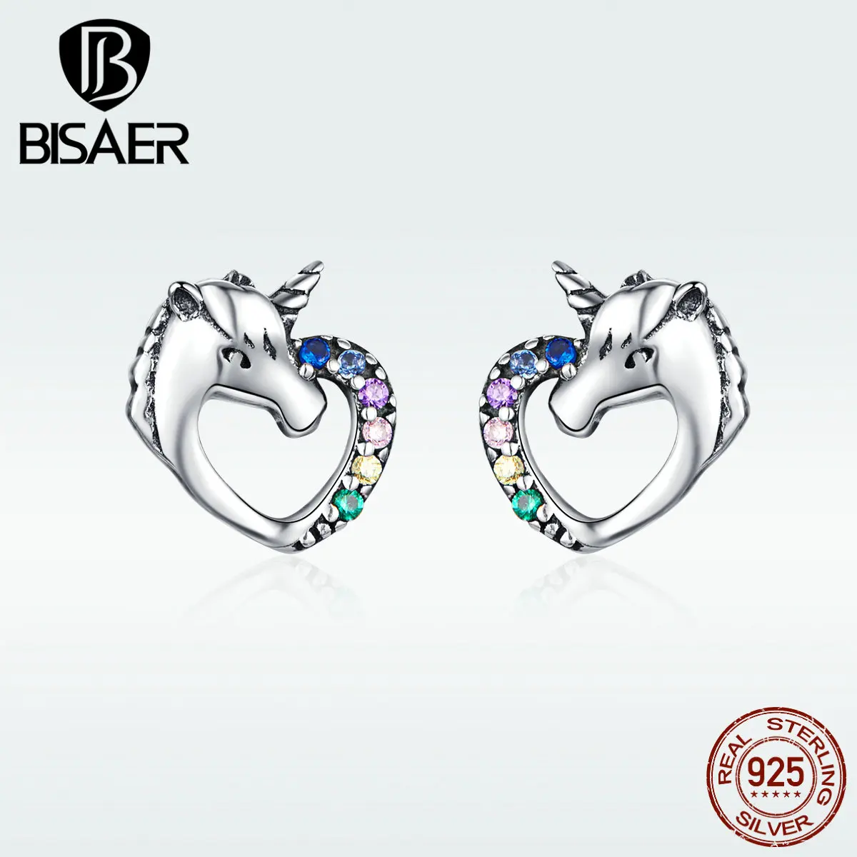 BISAER, Хит, 925 пробы, серебряные, цветные, блестящие, эмалированные, единорог, серьги-гвоздики для женщин, летние серьги, модные ювелирные изделия GXE611