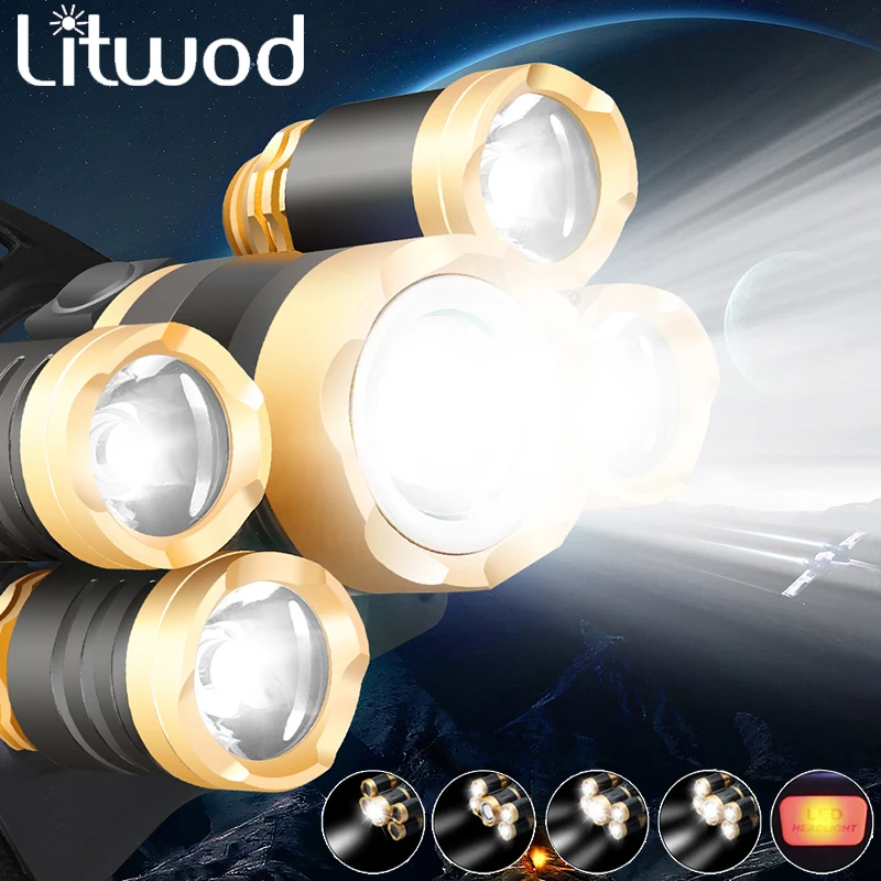 Светодиодный налобный фонарь самый мощный 5/3LED T6 перезаряжаемый для рыбалки