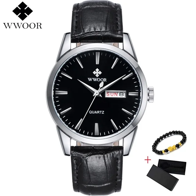 Silver Black Роскошные мужские часы с датой на день, мужские кожаные спортивные часы, мужские повседневные кварцевые наручные часы WWOOR, часы в бесплатной коробке - Цвет: Silver Black